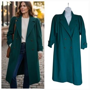 VTG Paris Sport Club Green Wool Blend Pea Coat Puff Sleeves Womens 1X Feminine